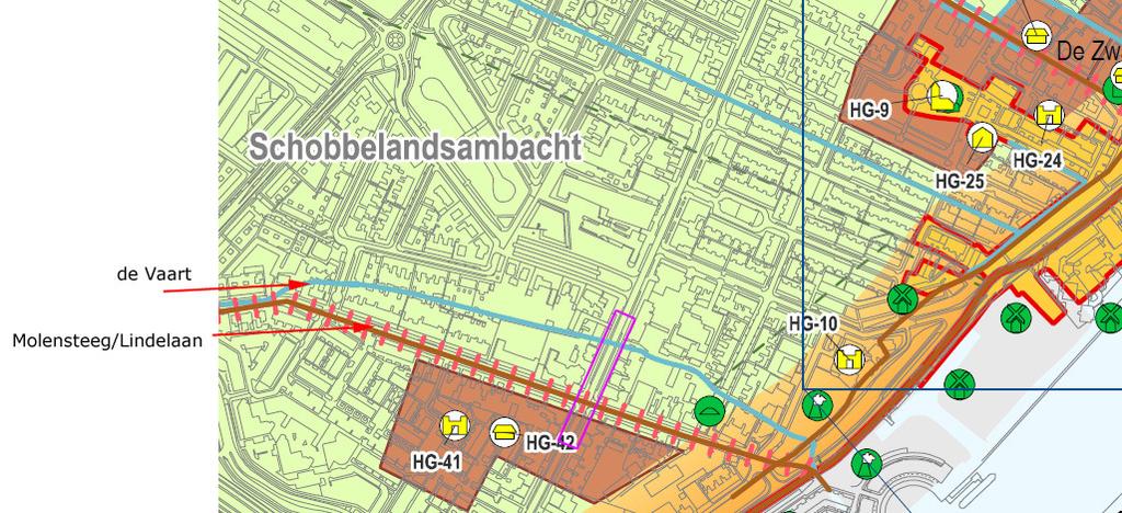 archeologische verwachtingskaart Zwijndrecht, afb. 20). Deze molensteeg is de huidige Lindelaan en ten noorden daarvan was een watergang aanwezig die in de 19 e eeuw is aangeduid als De Vaart (afb.