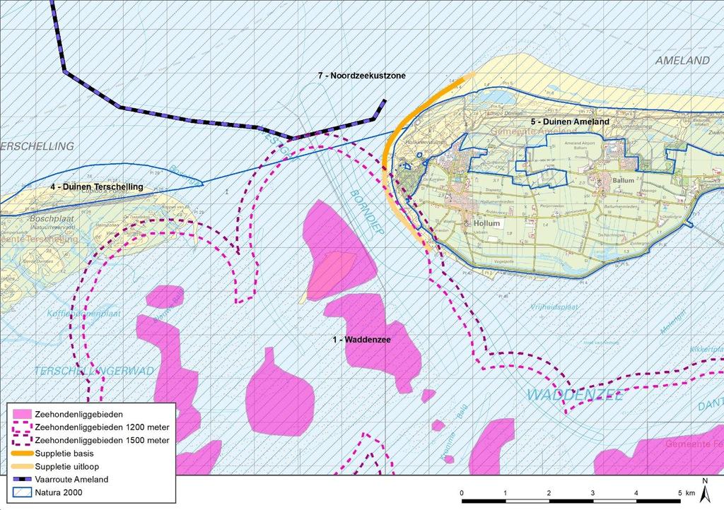Figuur 7: Ligging van de zeehondenrustgebieden ten opzichte van de vaarroute en suppletielocatie. De afstanden van 1.200 meter (beheerplan Waddenzee) en 1.