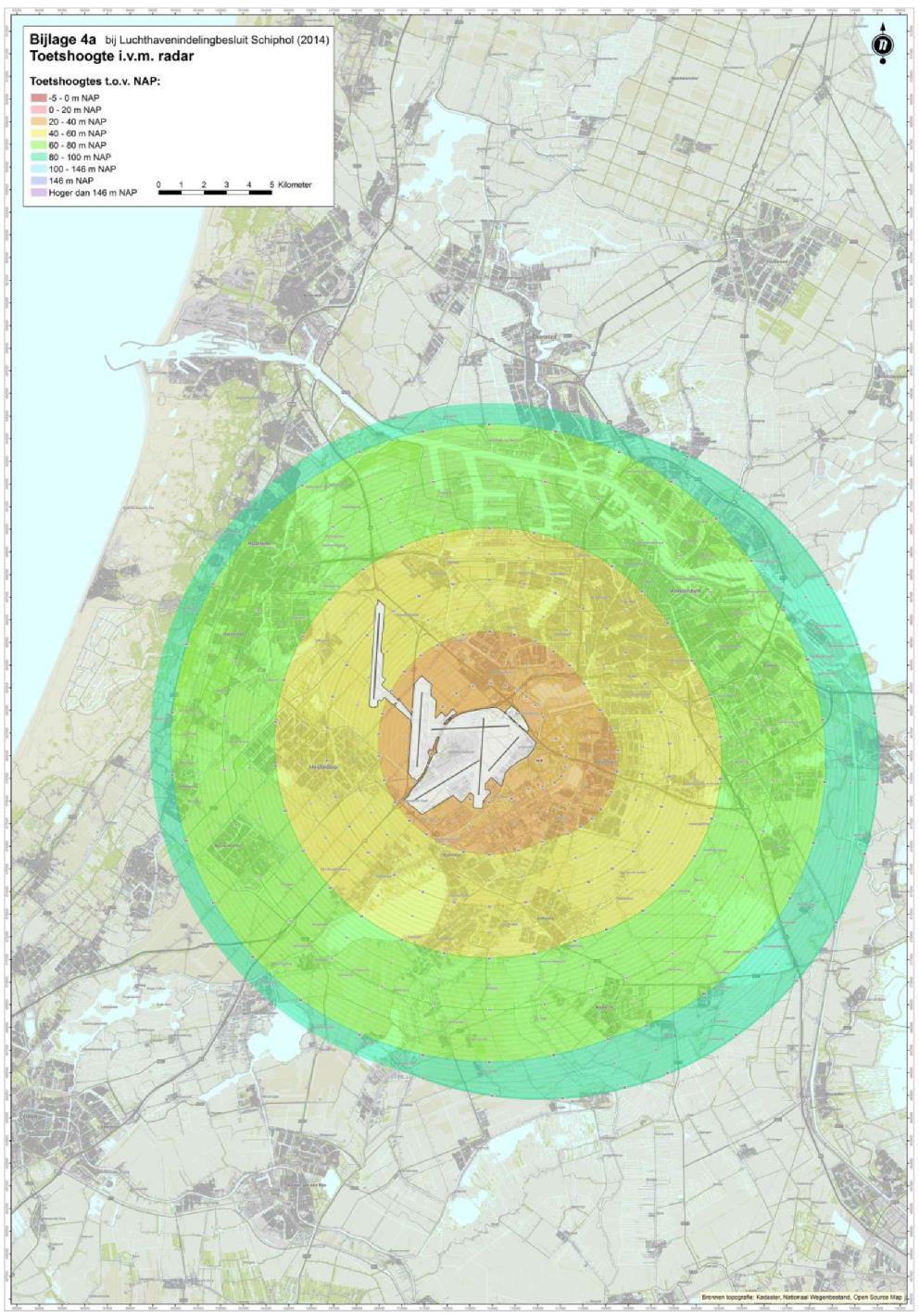 TNO RAPPORT PERSEUS 2018 20 / 51 Figuur 17: Bijlage 4a van de LIB Schiphol, met de zones met de tiphoogtes, ten opzichte van NAP, waarboven een toetsing moet plaatsvinden in hoeverre de radars op