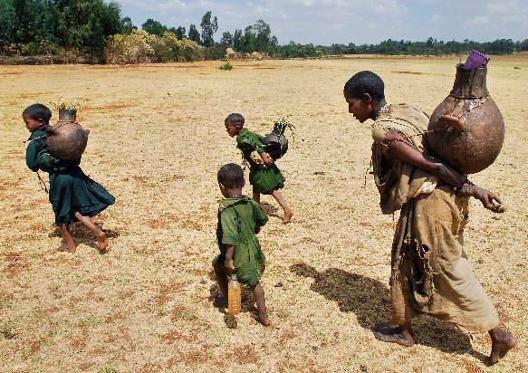 > geen toegang tot water Dieter Telemans Afbeelding 2: Ethiopië. Een moeder en haar kinderen dragen water van een natuurlijke, vergelegen bron.