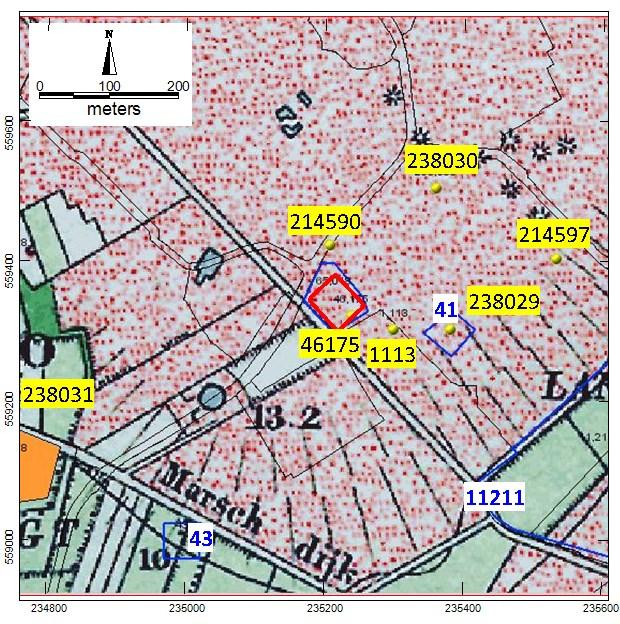 Afbeelding 8. Informatie uit het Archeologisch Informatie Systeem (Archis) nabij het plangebied (rood).