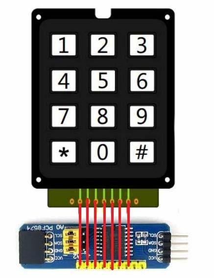 Project 9: Druktoetskeypad met een PCF8574 I2C port expander Er zijn 7 pinnen nodig om een keypad aan te sluiten. Dat kan een probleem zijn als er veel in-out pinnen nodig zijn.