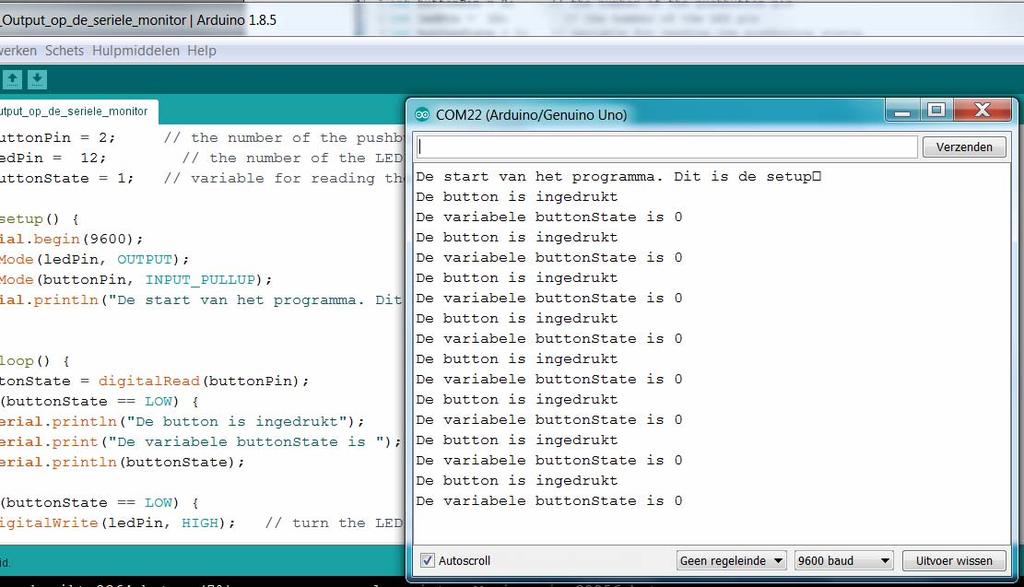 Je ziet nu de output van je programma op de seriële