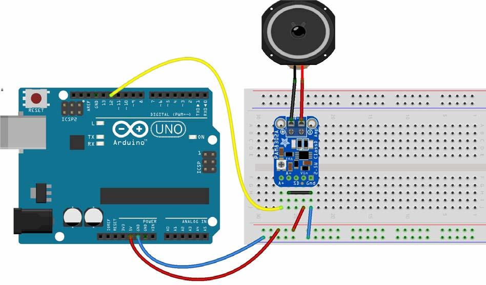 Project 20: Meer volume met een class D versterker Zo n buzzer maakt nauwelijks geluid. Maar ipv op de buzzerpin een buzzer aan te sluiten kunnen we net zo goed een kleine versterker aansluiten.