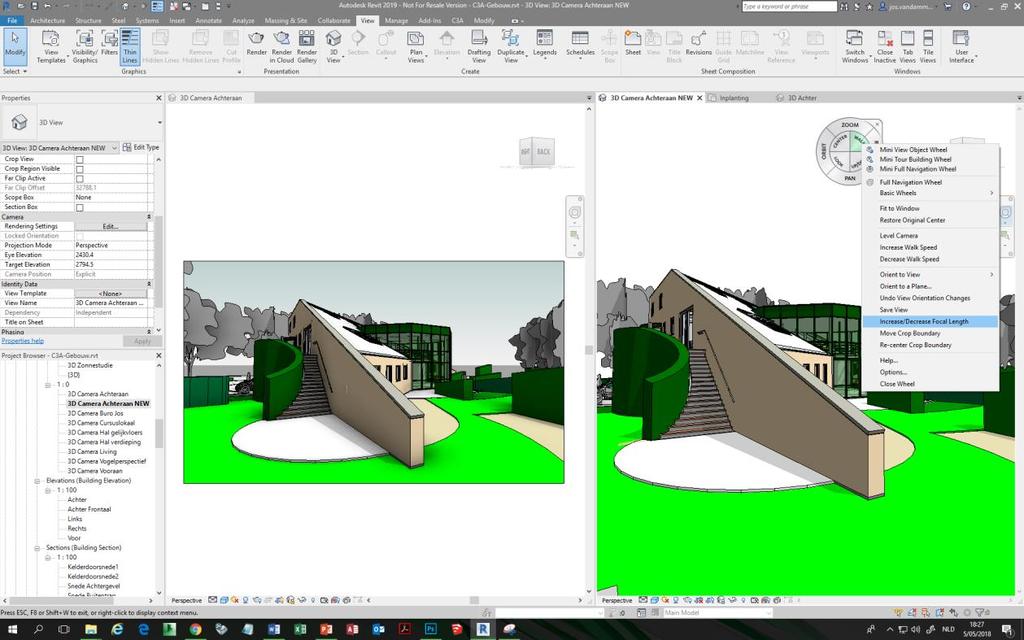 C3A-Workshops mei/juni 2018 Nieuw met Revit & C3A-Extensies release 2019 blad 43 2.2.3 Design optimalisaties 2.2.3.1 Uncropped 3D perspective views 3D Perspective Views kunnen nu uncropped / full screen weergegeven worden.
