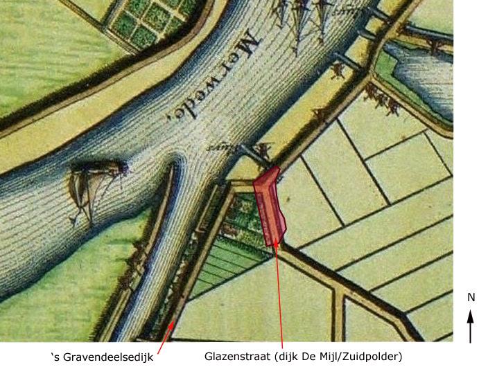 Afb. 8. Het plangebied bij benadering weergegeven op een uitsnede van een kaart van Van Nispen uit 1673. Gedurende de 17e - 19e eeuw ontwikkelt deze bebouwing zich tot de gemeente De Mijl.