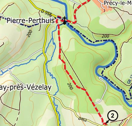 Veranderingen in route en routetekst Traject 1.1 Km 3.6: Verlaat de D36 en sla rechtsaf een onverharde weg in, op de hoek van de camping (telefooncel). Km 8.1: Pierre-Perthuis:...... richting Les Ponts.