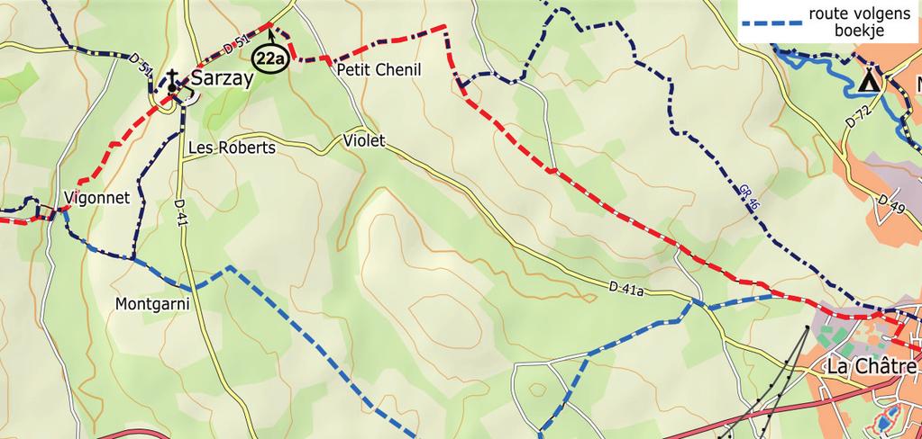 Km 69,0 Neem rechts het bruggetje (of de doorwaadbare plaats) over de Vauvre. Na 50m: aankomst op de D51a in Vignonnet (kruis): ga linksaf. Na 100m op kruising rechtsaf ( km 69.1 in boekje).