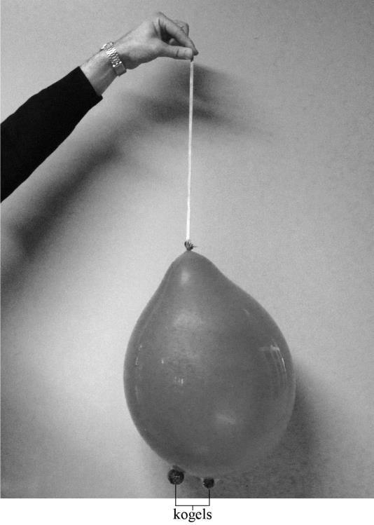 Oefenopgaven: Opgave 3 Postbode-elastiek (pilotexamen 2012) Jaap hangt een opgeblazen ballon aan een postbode-elastiek. De veerconstante van het elastiek is 25 N m 1.