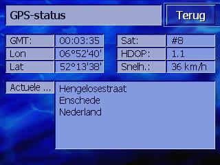 8.13.4 GPS-status GPS-status Het venster GPS-STATUS bevat informatie over uw huidige locatie en uw actuele snelheid. 1. Druk op de knop GPS-status. Het venster GPS-STATUS wordt geopend.