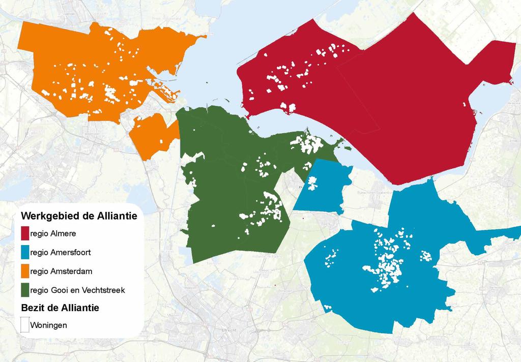 Werkgebied en verdeling woningbezit De Alliantie werkt in veertien gemeenten in twee woningmarktregio s: 1) Woningmarktgebied: Metropoolregio Amsterdam: Amsterdam, Almere, Blaricum, Gooise Meren,