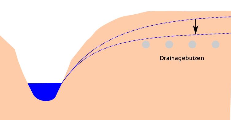 Figuur 14: Schematische weergave invloed ligging waterloop op grondwaterstand.