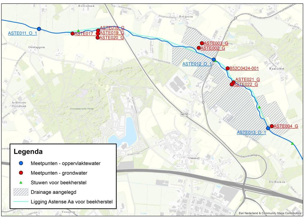 5.2 Meetgegevens Er zijn verscheidene meetpunten ingericht om in beeld te brengen wat de effecten van het beekherstel zijn op zowel oppervlaktewaterstanden als grondwaterstanden (Figuur 16).