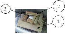- Zet de hendel helemaal naar links,op stand + - Indien beschikbaar, open de klep breed. - Plaats groot hout 1, ongeveer 2-3 houtblokken (beuk, eik, berk) onder en boven fijngemaakt hout 2.