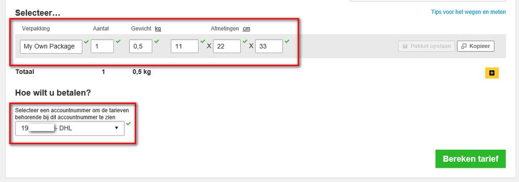 6) Bij Verpakking geeft u aan of u een eigen verpakking heeft of dat u gebruik maakt van een DHL verpakking.