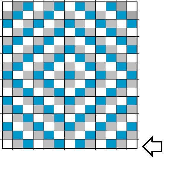 Beschrijving: Hier zie je het patroon van het kleed. Elk vierkantje is 1 C2C lap van 6x6 mini-vierkantjes. Je start met de rechteronderkant. De lapjes worden samen gehaakt naar links toe.