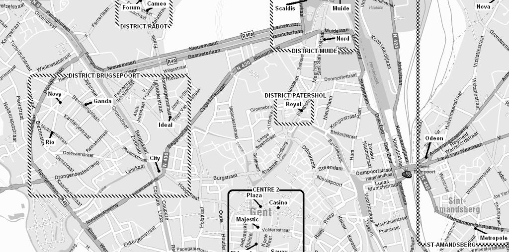 Map 1 Map showing locations of film exhibition in Ghent, 1952. Twelve cinemas were located in the poorer districts of the historical belt around the city centre.
