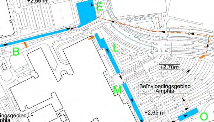 Water Amphia Molengracht, Breda 2. Huidige situatie Vergunde situatie In de vergunning uit 2004 ( kenmerk 04U6602) is expliciet de knijp en stuwhoogte opgenomen, namelijk NAP +1,90 m en NAP +2,10 m.
