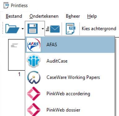 Afhankelijk van de beschikbare koppeling(en), kun je het document ook direct opslaan in externe applicaties, door de Opslaan knop te klikken en via het submenu de betreffende applicatie te selecteren.