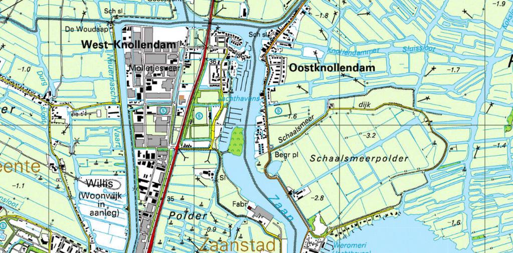 Kaart uit 2000: zowel aan binnen- als buitendijkse zijde van de dijk is ontwikkeld in de vorm van jachthavens en woningen/wijk. De dijk heeft nog steeds geen functie als weg.