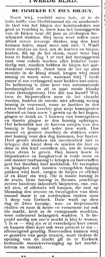 - Een bericht uit de oude doos, september 1926. Over bijen, heidedracht en bijenmarkt in Eerbeek.