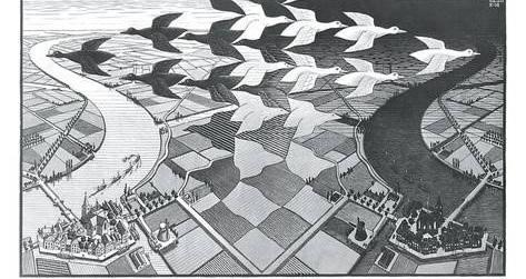 Tentoonstellingen Afbeelding 4. M.C. Escher. Dag en Nacht. Houtsnede in zwart en grijs, 67,6 cm x 39,1 cm. Leeuwarden: Fries Museum, 1938.