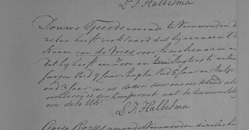 De huwelijks bijschrijving in het kerkboek in 1801. Vader Douwe neemt in 1811 de achternaam De Vries aan.