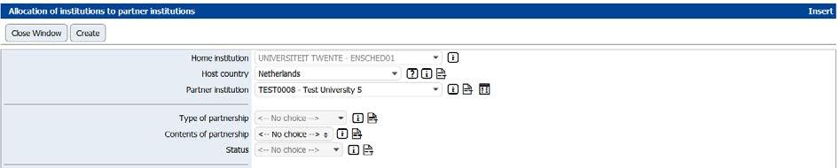 Het volgende scherm verschijnt: o o o Vul de volgende velden in: o Type of partnership: ERASMUS: voor E+ contracten Written agreement: voor non-eu inter-institutional agreements o Contents of