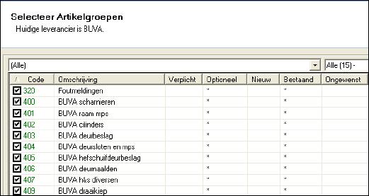 Selecteer Artikelgroepen Vink de onderdelen aan die geïmporteerd moeten worden. Boven in het scherm kan gefilterd worden om het selecteren makkelijker te maken.