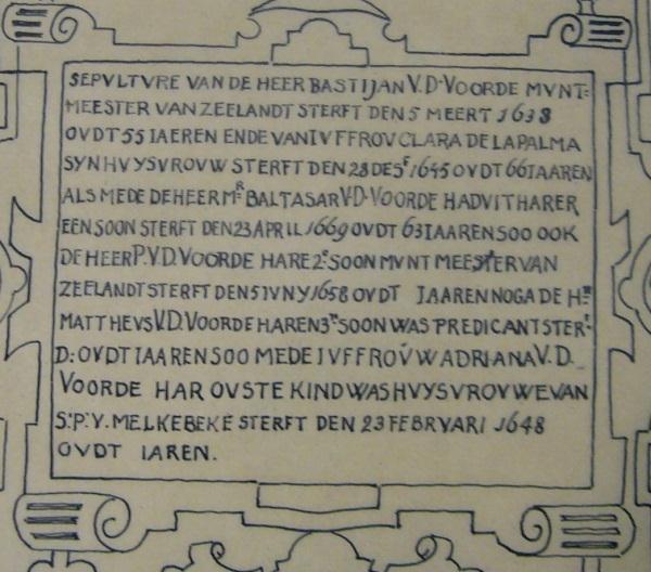 Een volgende verrassing bood tg.nr. 295 van het Zeeuws Archief inv.nr. 612: een getekende kopie van een grafzerk in de Oude kerk te Middelburg. De Oude of St.
