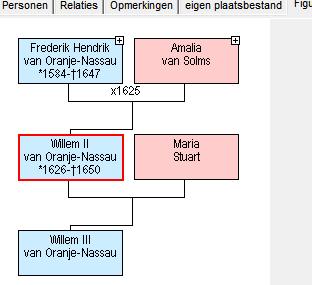 Voor het voorbeeld volstaan we met deze drie, dus: F3, Willem invoeren, F7; F3, Louise invoeren, enz. Willem III is een zoon van Willem II.