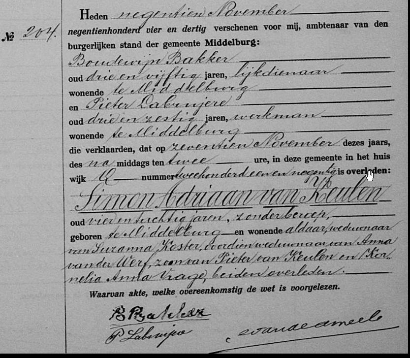 tentie in de Middelburgsche Courant van 11 januari 1897 blijkt dat hij zich toen vestigde aan de Seisstraat 1, te Middelburg. Op 13 mei 1898 hertrouwde Simon met de 16 jaar jongere Suzanna Koster.