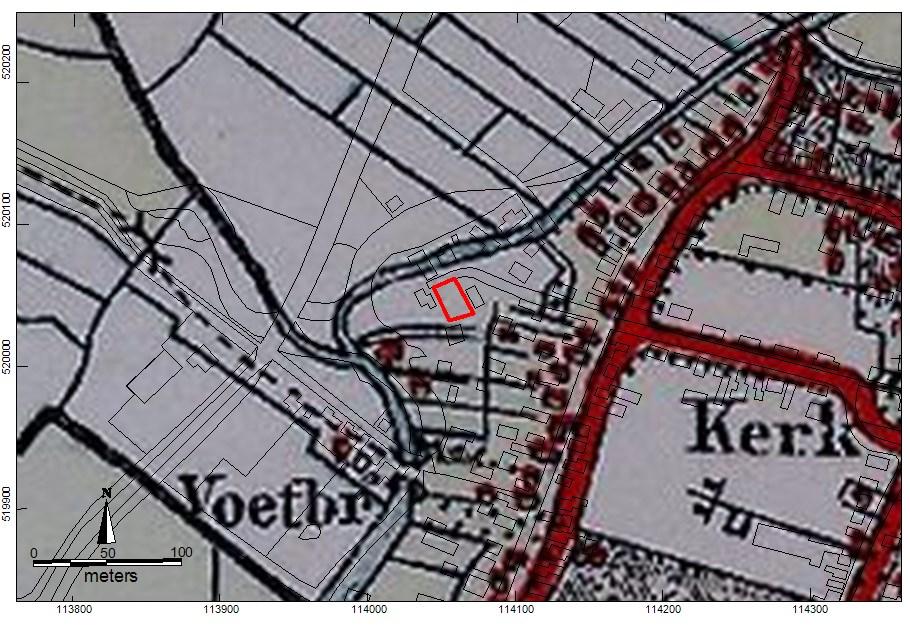 Het plangebied op de kadastrale kaart van rond 1830.uit de bijbehorende OAT blijkt dat het perceel in gebruik is als weiland. Afbeelding 7.