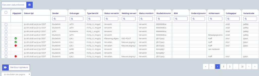 8. Berichten Middels de tab Berichten kunnen de berichten worden ingezien die van en naar Studielink zijn gestuurd.