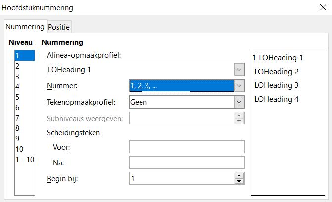 Afbeelding 11: Alinea-opmaakprofiel en nummering voor hoofdstuktitels definiëren 3. Invoegen van het hoofdstuknummer in uw document.