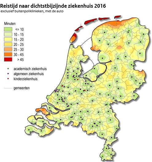 Bereikbaarheid Dagelijkse ziekenhuiszorg voor bijna iedereen goed bereikbaar Per auto kan ruim 99% van de Nederlandse bevolking een ziekenhuis binnen 30 minuten bereiken.