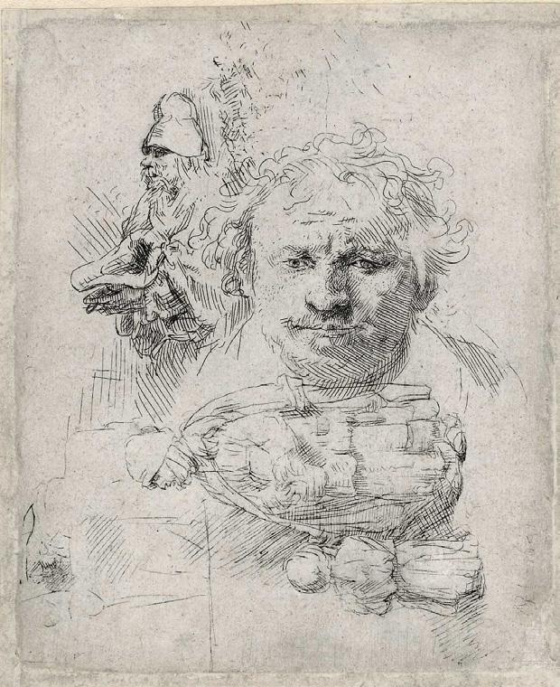 schetsbladen met portretten A B C slide 6 A Rembrandt, Schetsblad met zelfportret en studies van een bedelaar met een vrouw met kind, ets, 1651, 11,1 cm x 9,2 cm, Museum Het Rembrandthuis B