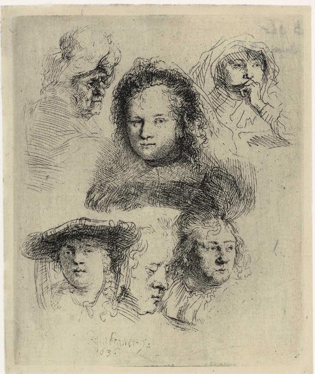 Rembrandt maakte een aantal etsen die eruit zien als schetsen uit een schetsboek. Dit waren oefenbladen voor hemzelf, maar ze dienden waarschijnlijk ook als oefenbladen voor zijn leerlingen.