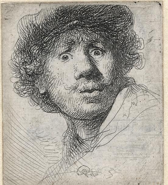 slide 7 A. B. A. Rembrandt, Zelfportret met verbaasde blik, ets, 1630 5 x 4,6 cm, Museum Het Rembrandthuis B.