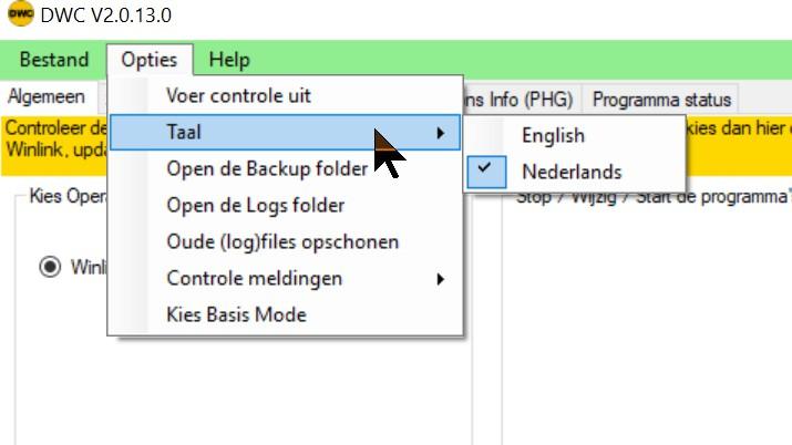Alles instellen met Dutch Winlink Config (DWC) Open programma Dutch Winlink Config (DWC), aanwezig op je desktop.