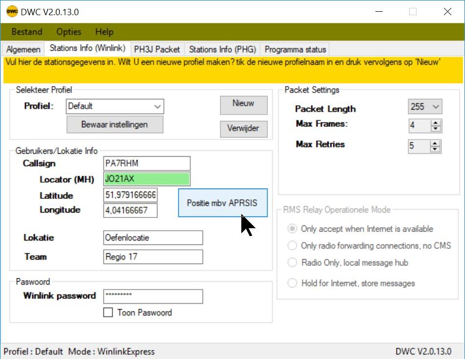 Tab PH3J Packet: Selecteer links lokale of externe TNC Selecteer