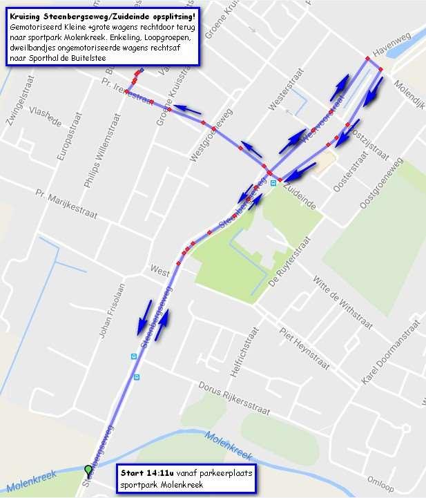 11.ROUTE: Steenbergeseweg, Raadhuisplein, Westvoorstraat, Kade, Oostvoorstraat, Zuideinde, Grote en kleine wagens via Steenbergseweg naar afbouwplek.