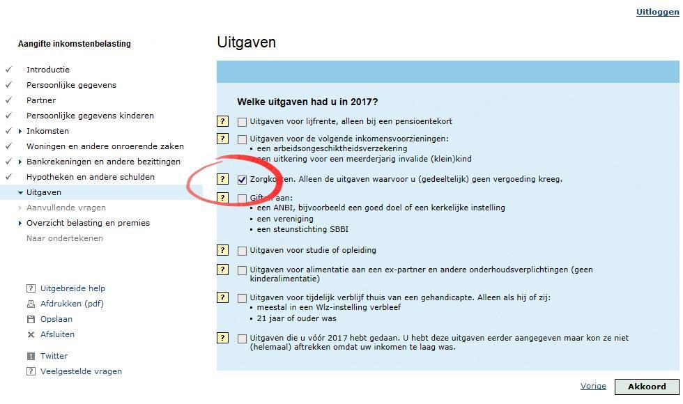 Stap 3: Ga naar het onderdeel Zorgkosten De aftrek van zorgkosten staat onder het kopje Uitgaven (zie Afbeelding 1). Afbeelding 1: U vindt de Zorgkosten in het onderdeel Uitgaven.