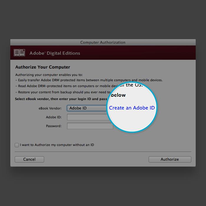 2. Klik op Computer autoriseren. 3. Klik op Een Adobe ID aanmaken in het autorisatievenster.