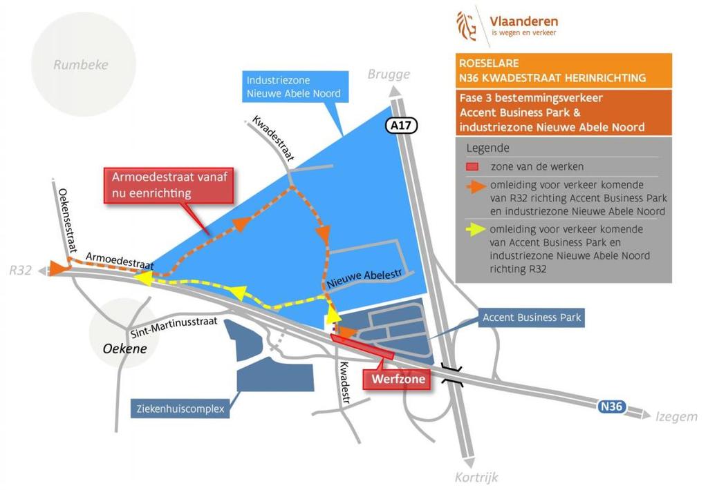 Fase 3 In fase 3 werken we aan de afrit van het Accent Business Park. Verkeer komende van Izegem richting Rumbeke blijft op de N36, ter hoogte van de werfzone is er slechts 1 rijvak ter beschikking.