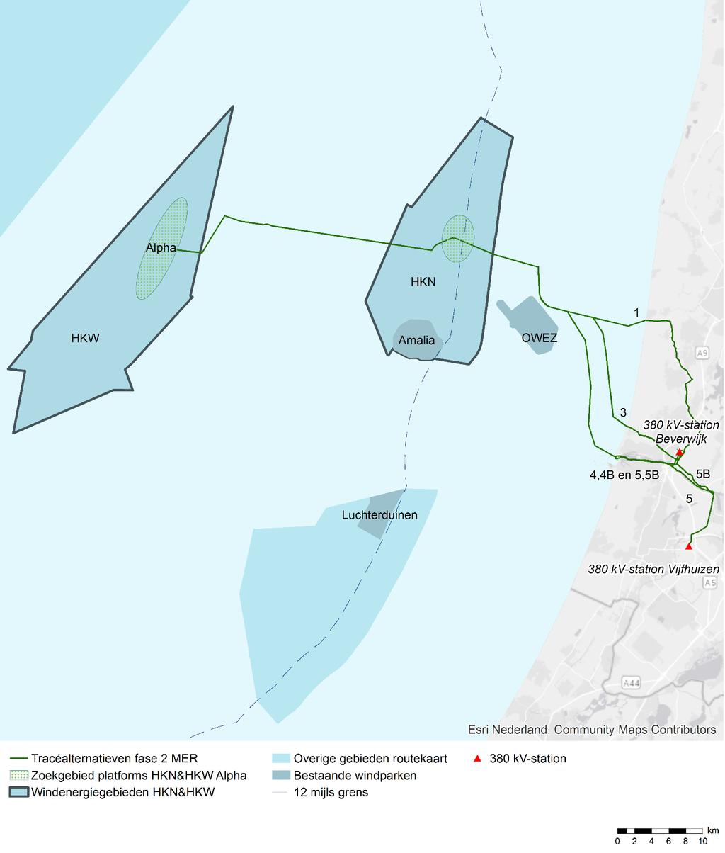 MER DEEL A NET OP ZEE HOLLANDSE KUST (NOORD) EN (WEST ALPHA) 2.5 Fase 2 MER: onderzoek vier alternatieven en negen transformatorstationslocaties 2.5.1 Tracéalternatieven Figuur 2-3 Overzicht tracéalternatieven 1, 3, 4, 4B, 5 en 5B voor onderzoek fase 2.