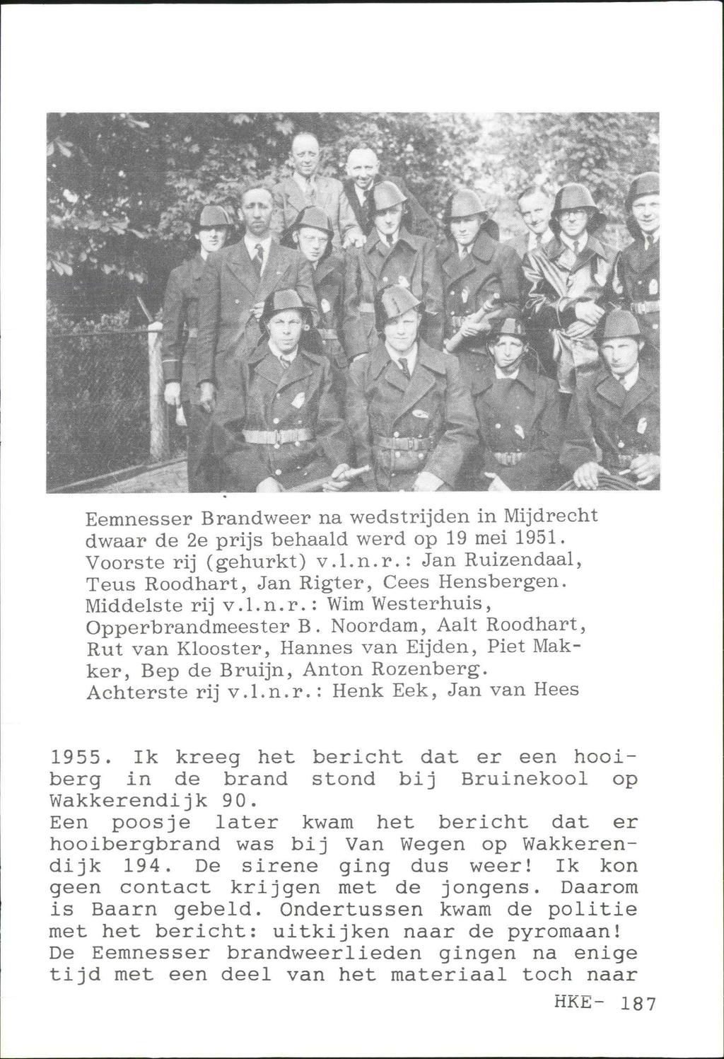 Eemnesser Brandweer na wedstrijden in Mijdrecht dwaar de 2e prijs behaald werd op 19 mei 1951. Voorste rij (gehurkt) v.l.n.r.: Jan Ruizendaal, Teus Roodhart, Jan Rigter, Cees Hensbergen.