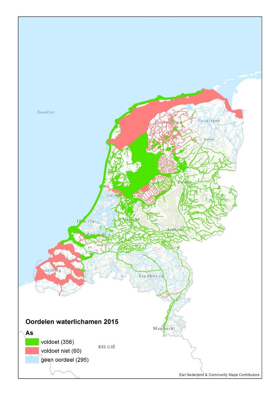 Laag onderbouwing: As wordt in slechts 20% van de waterlichamen gemeten, alhoewel de meetintensiteit per waterschap verschilt (met name weinig gegevens uit Groningen en Noord en