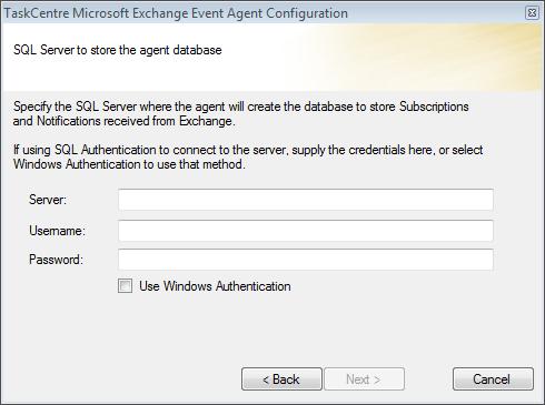 Wanneer de TaskCentre MS Exchange Event Agent geïnstalleerd wordt zal na de afronding van de installatie automatisch de configuratie van deze tool starten.