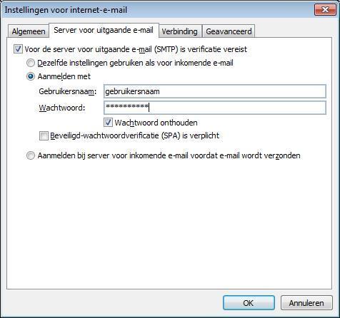 3) Klik vervolgens op Meer Instellingen die hieronder ook te zien is 4) Ga vervolgens naar het tabblad Server voor uitgaande e-mail Zet een vinkje voor Voor de server voor uitgaande e-mail (SMTP) is